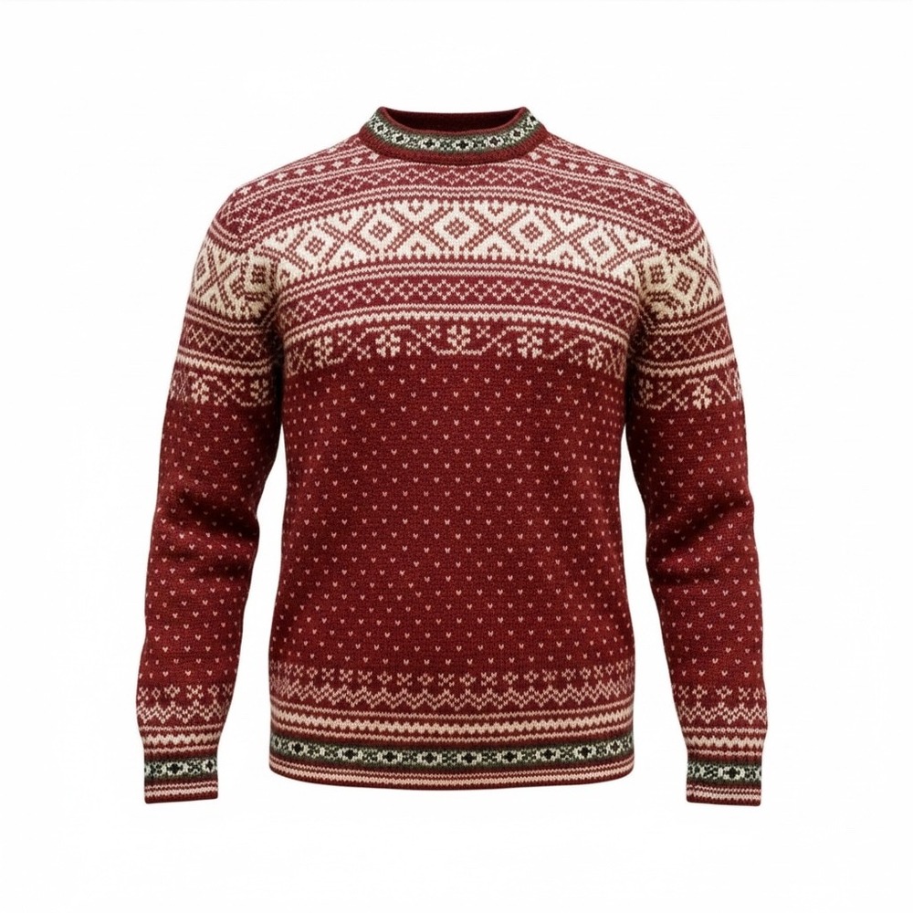 LL Bean Womens Fair Isle Knit Wool Sweater Red White L Button Neck Vintage